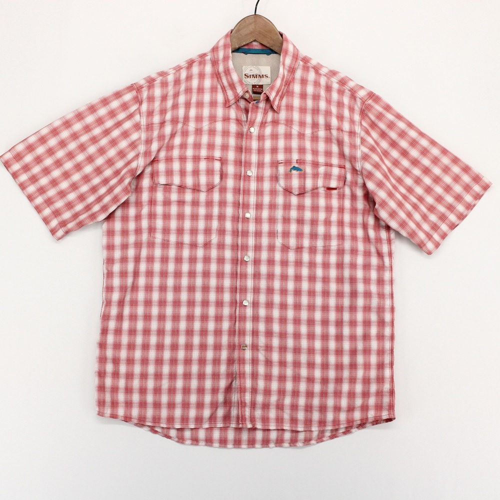 Simms Shirt Mens M Red Plaid Short Sleeve Pearl Snap Fishing Vented Back